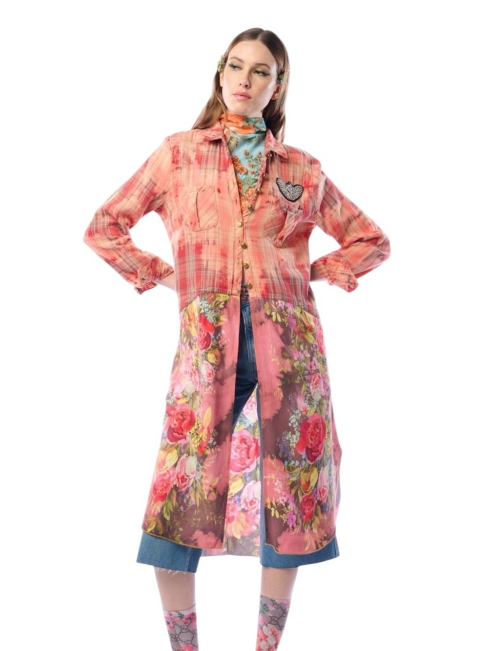 Aratta Medium Floral Scarlet Plaid Long Tunic in Coral Pink